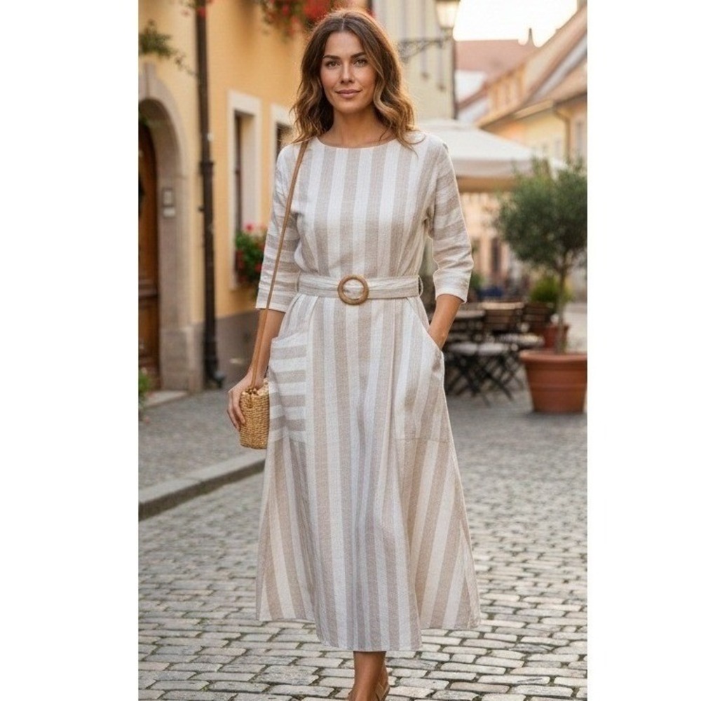 Lanz Dress Womens Size 11/12 Striped Linen Blend‎ Belted 80s Preppy Boho Retro